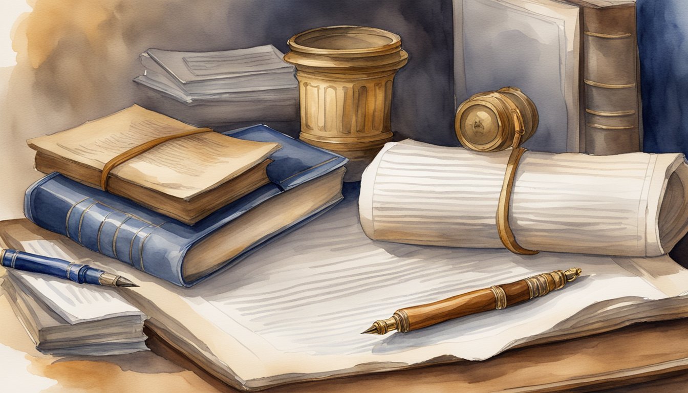 Watercolor illustration of vintage books, gavel, and fountain pen.