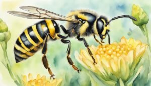 Watercolor painting of a bee on a yellow flower.