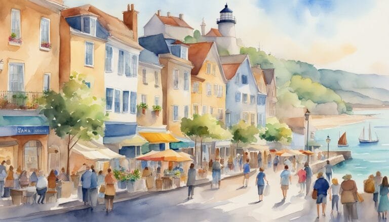 Colorful seaside village watercolor painting with bustling street scene.