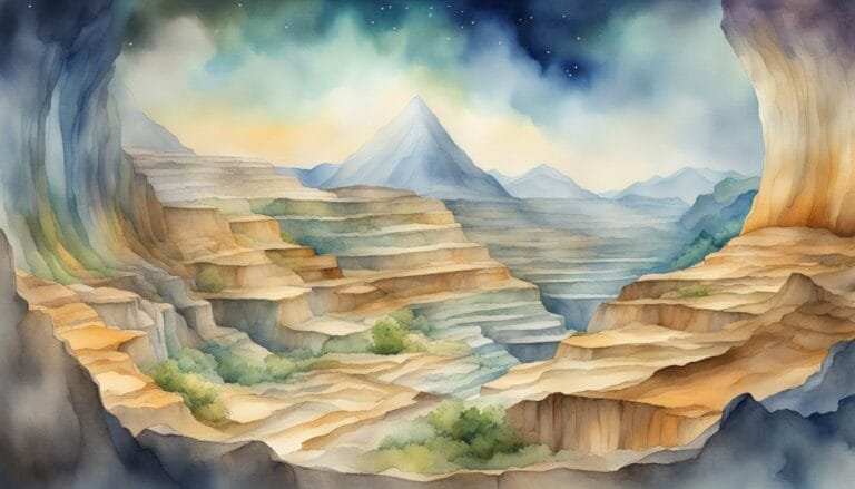 Watercolor painting of mountainous landscape with vibrant sunset.