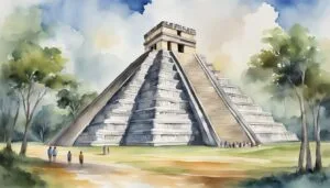 Watercolor painting of ancient Mayan pyramid with visitors.