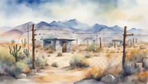 Watercolor illustration of a desert landscape with cacti and shacks.