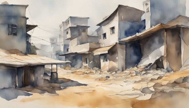 Watercolor painting of a dilapidated urban area.