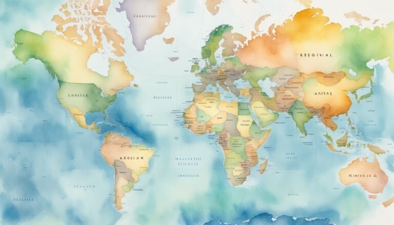 Watercolor world map with fictional country names.