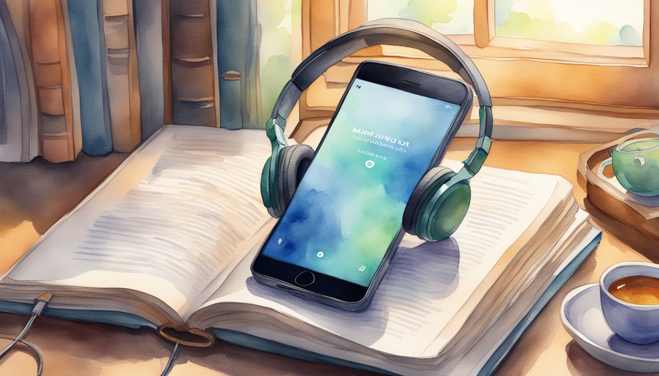 Smartphone with headphones on open book, cozy reading scene.