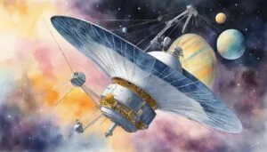 Futuristic spaceship exploring colorful interplanetary space.