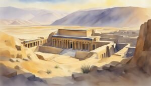 Watercolor painting of ancient temple in desert landscape.