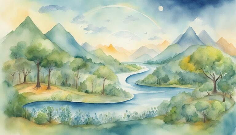 Watercolor landscape of river winding through mountains and trees.