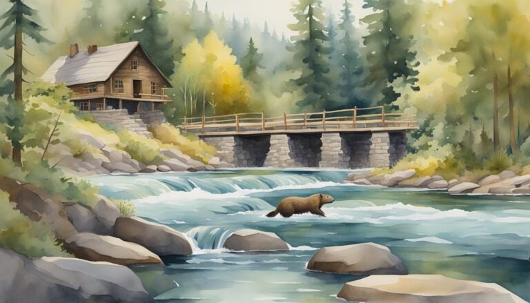 Rustic cabin and bridge over forest river with bear.