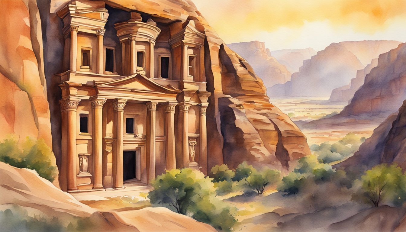 Watercolor painting of ancient Petra ruins in desert.