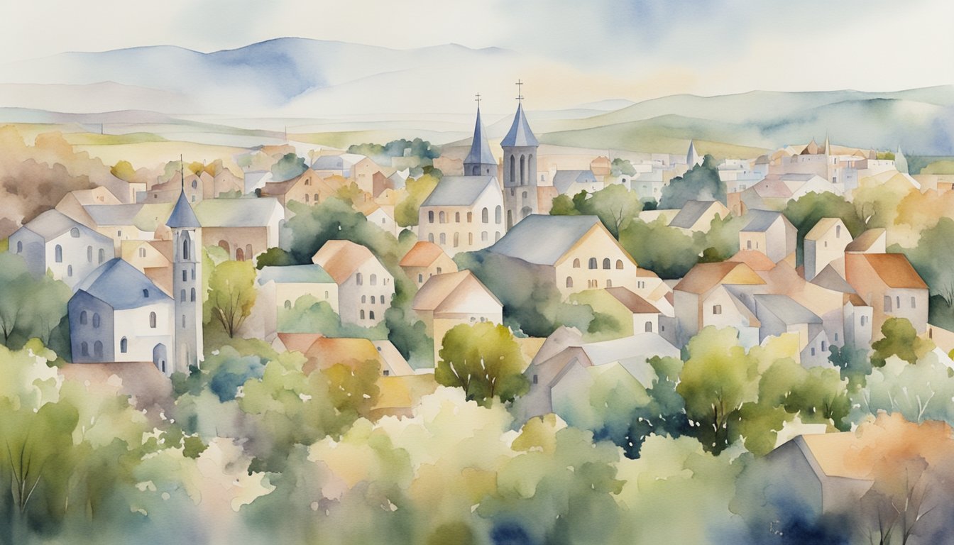 Watercolor painting of a tranquil, misty village landscape.