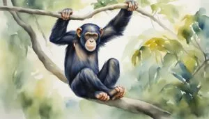 Chimpanzee hanging from tree branch, watercolor illustration.