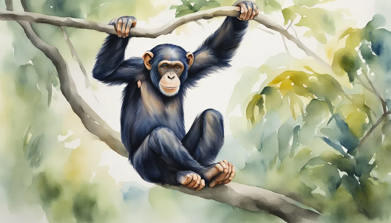 Chimpanzee hanging from tree branch, watercolor illustration.