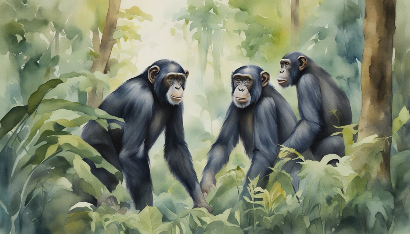 Watercolor painting of three chimpanzees in a lush forest.