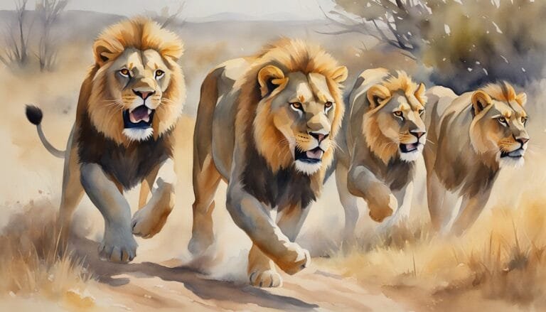 Four lions running in the savannah, watercolor painting.