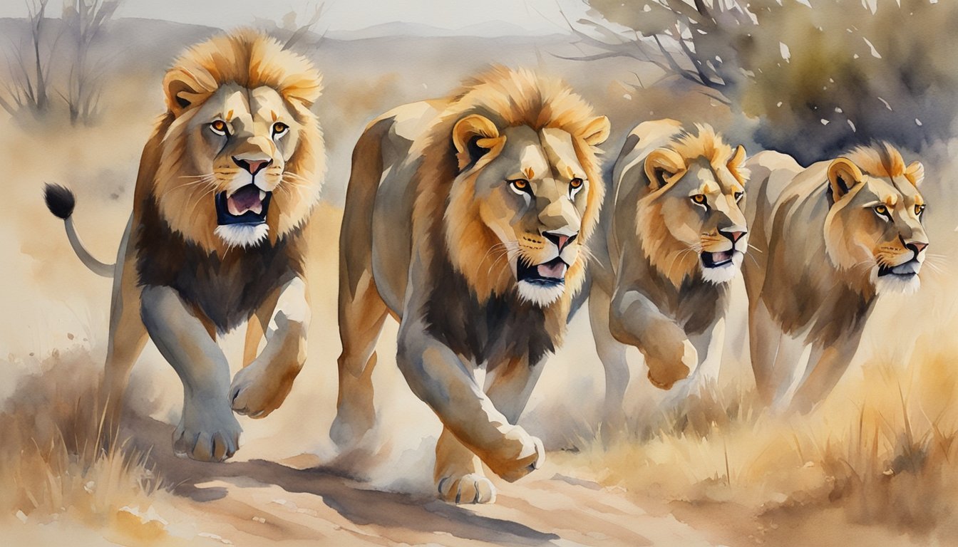 Four lions running in the savannah, watercolor painting.