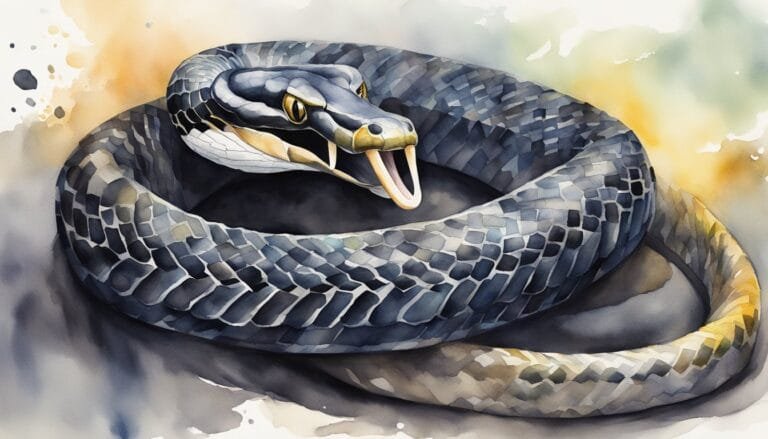 Watercolor painting of coiled snake with open mouth.