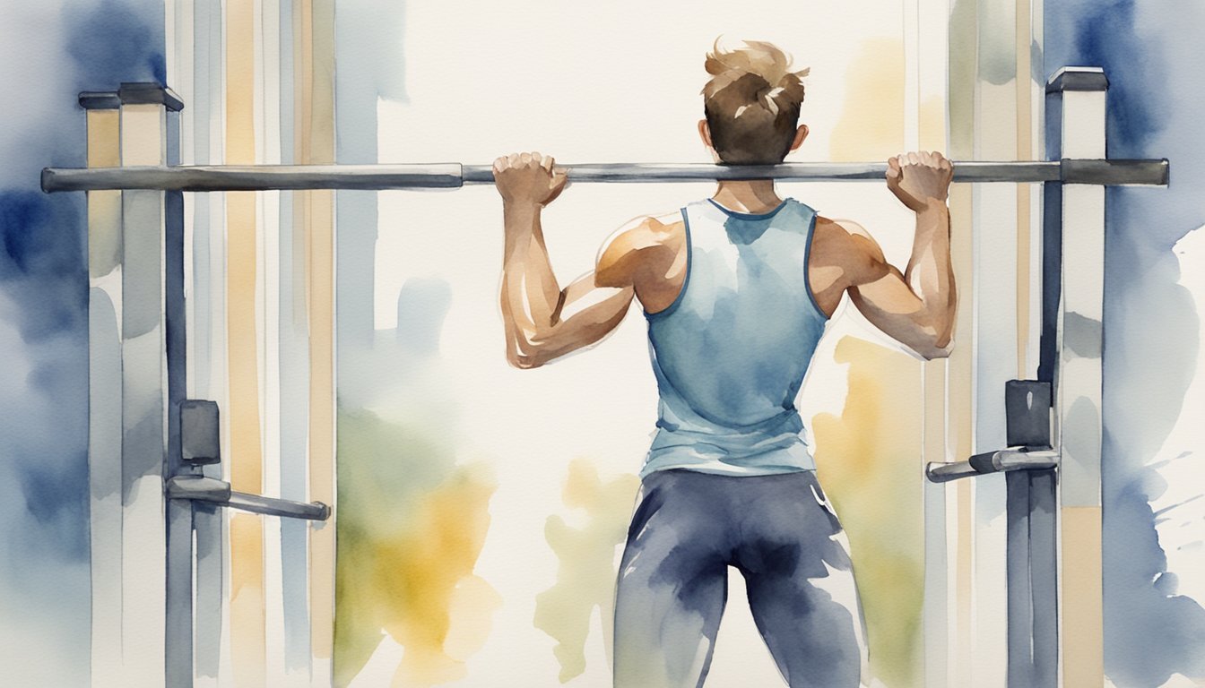 Man doing pull-ups at gym, watercolor illustration.