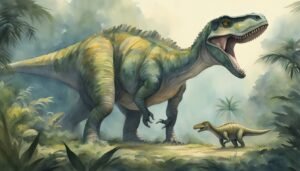 Illustration of large and small dinosaurs in prehistoric jungle.