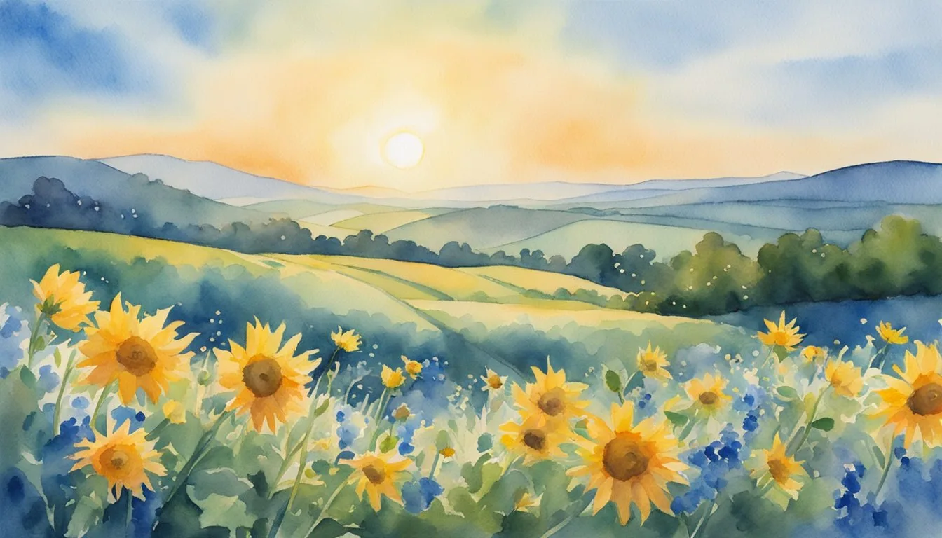 Sunrise over blooming sunflower fields, scenic watercolor landscape.