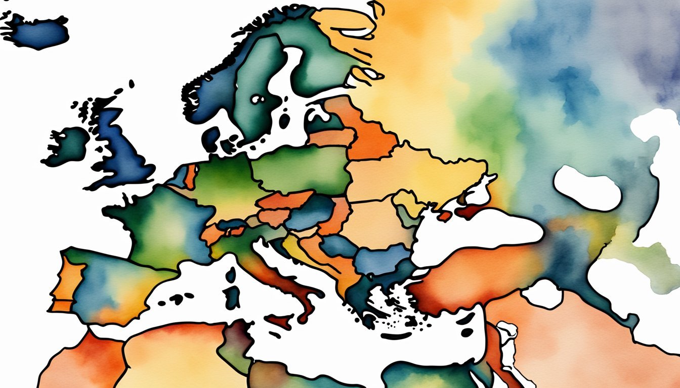 Watercolor map of Europe with abstract coloring.