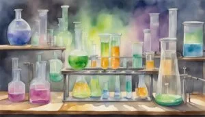 Colorful laboratory glassware on shelves, watercolor painting.
