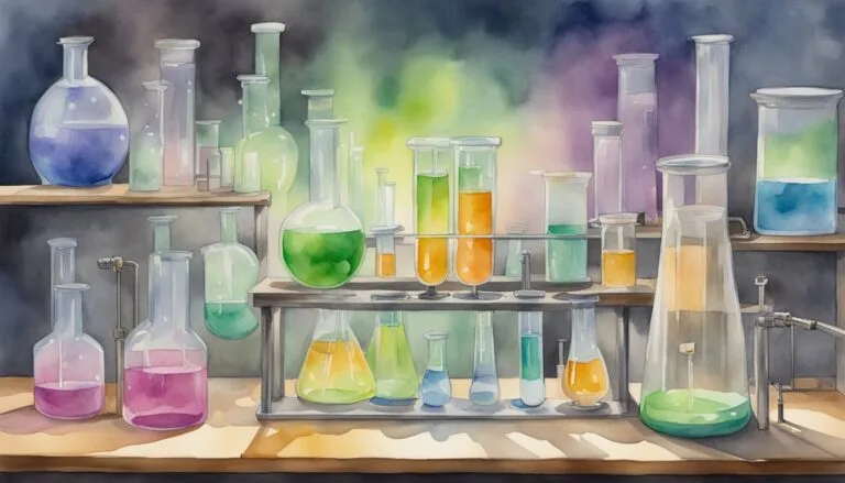 Colorful laboratory glassware on shelves, watercolor painting.