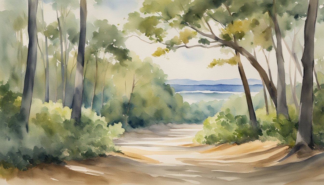 Watercolor painting of a forest pathway and distant lake.