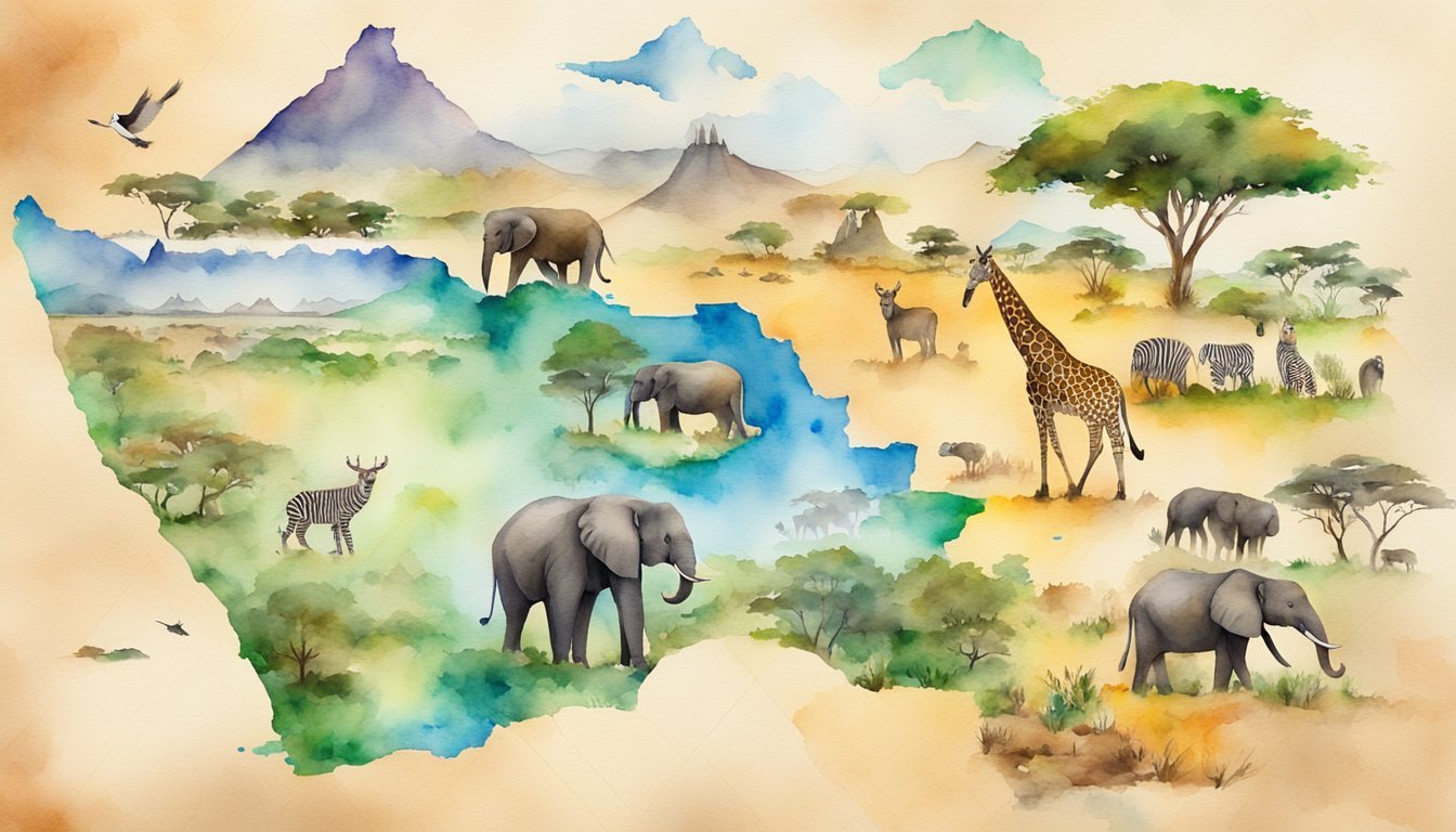 Watercolor African wildlife and landscapes illustration.