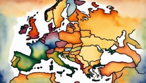 Abstract watercolor map of Europe with colorful outlines.