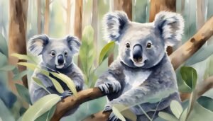 Two koalas sitting in eucalyptus tree.