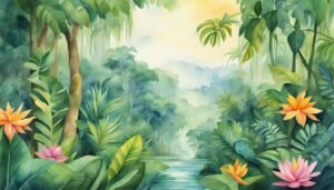 Vibrant watercolor tropical jungle with blooming flowers.