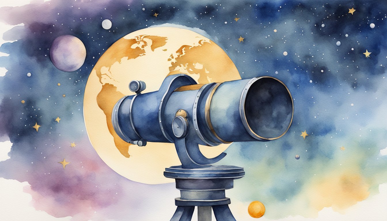 Watercolor painting of telescope with celestial background.