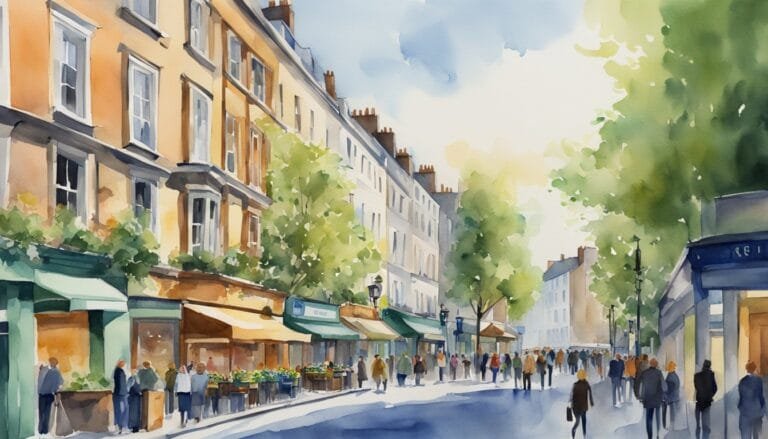Watercolor painting of bustling city street with pedestrians.