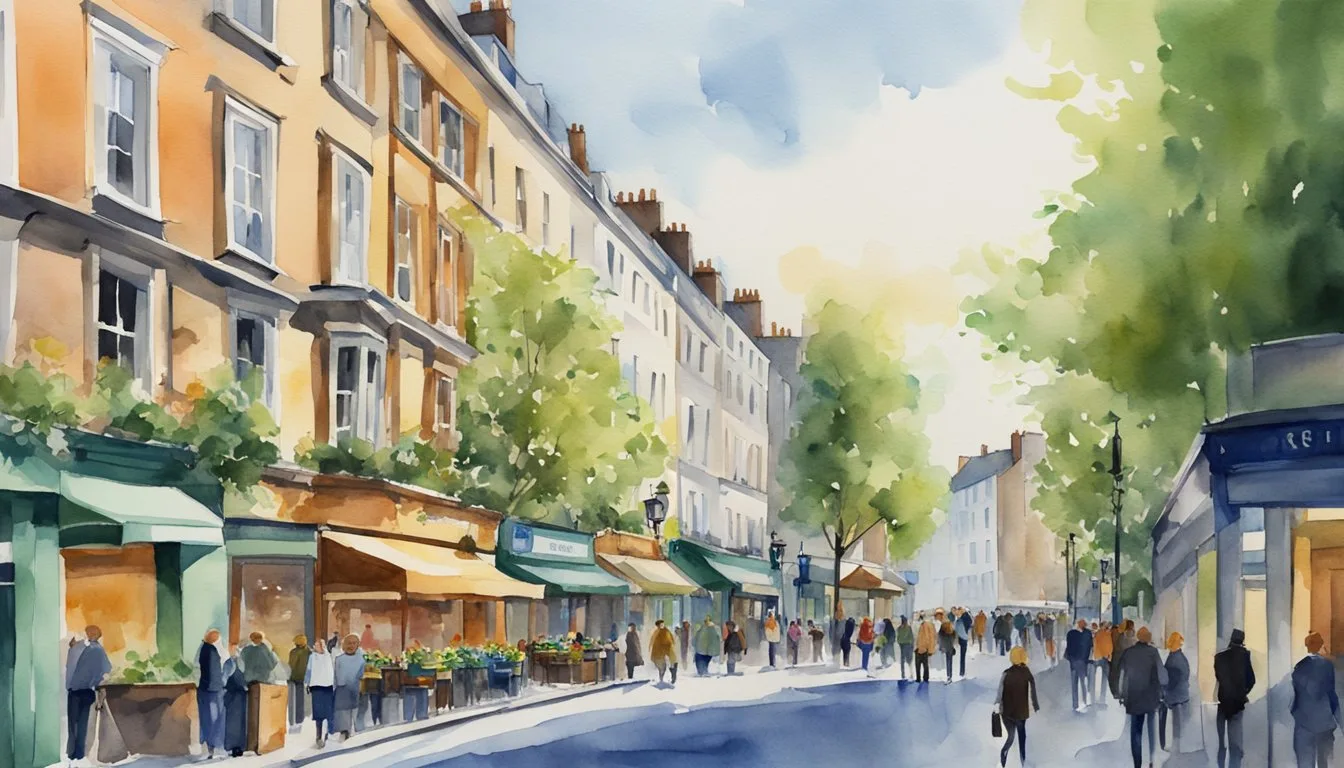 Watercolor painting of bustling city street with pedestrians.