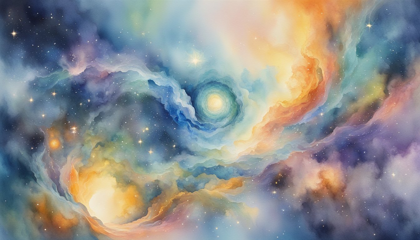 Colorful cosmic nebula with stars in watercolor style.