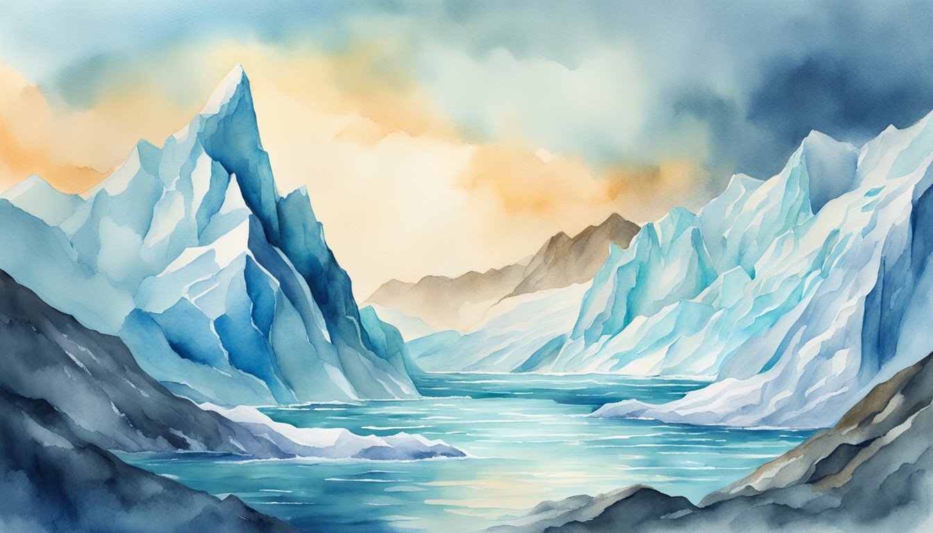 Colorful watercolor painting of icy mountain landscape.