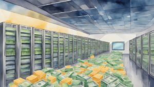 Data center aisles filled with stacks of money.