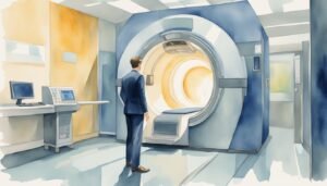 Man in suit observing advanced MRI machine in hospital.