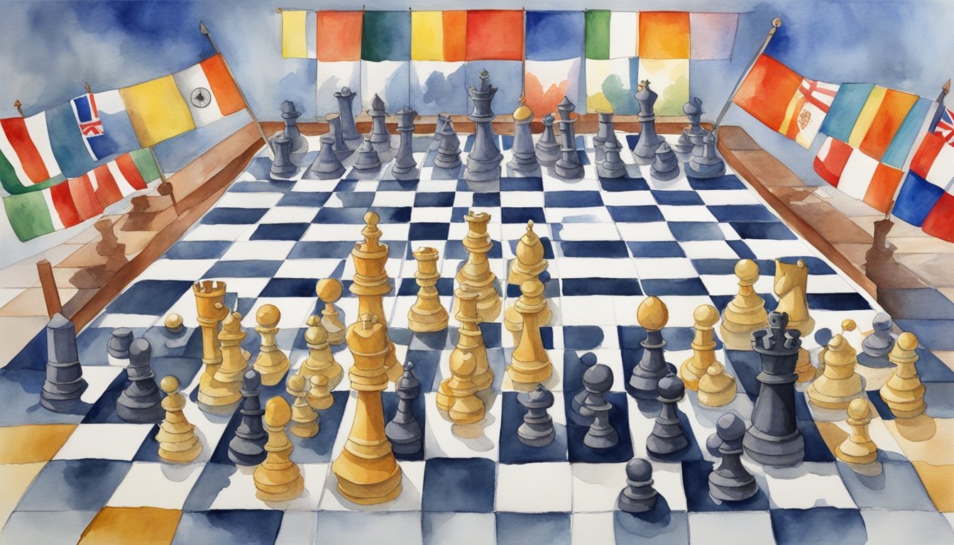 International flags over strategic chessboard watercolor painting.