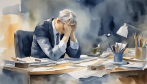 Stressed businessman at cluttered desk in watercolor painting.