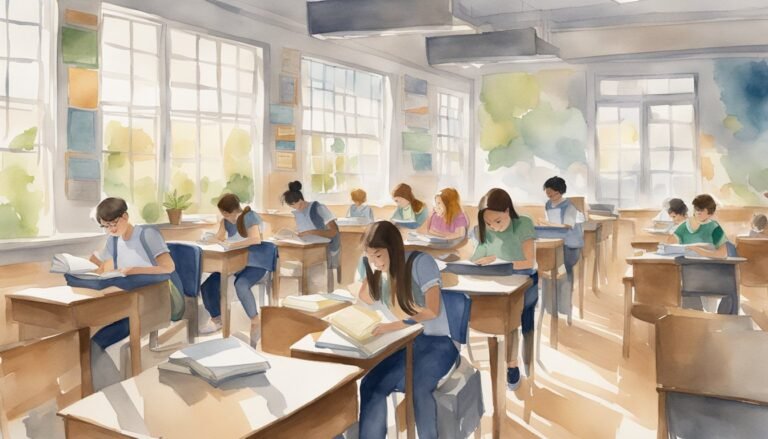 Students studying intently in sunlit classroom watercolor illustration.