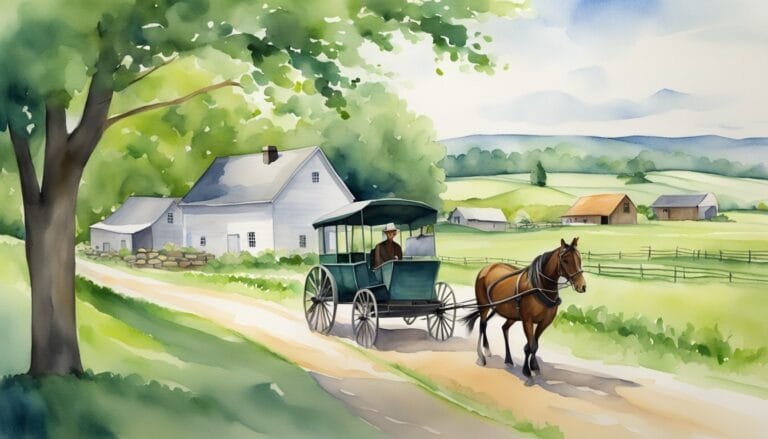 Watercolor of horse-drawn carriage in rural landscape.