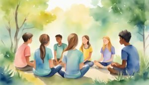 Diverse group meditating outdoors in a peaceful setting.