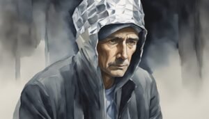 Watercolor painting of solemn man in hooded jacket.