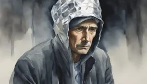 Watercolor painting of solemn man in hooded jacket.