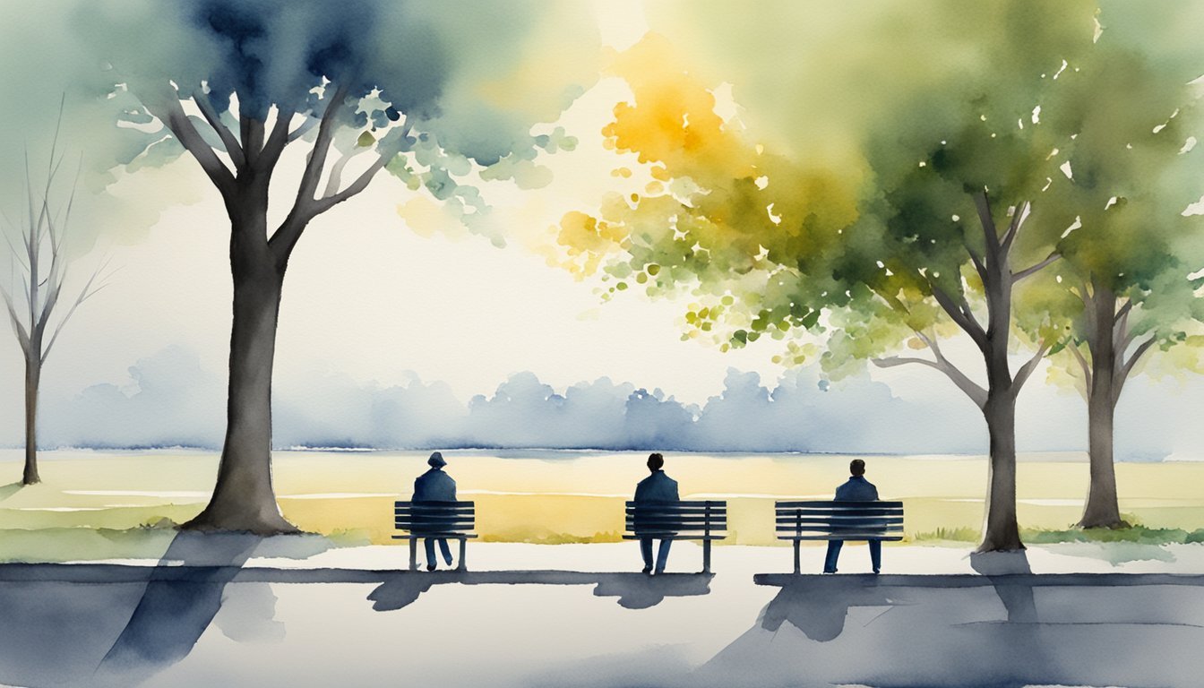 Watercolor painting of people sitting on park benches.