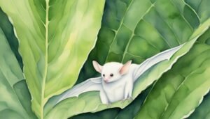 White mouse nestled in vibrant green leaves.