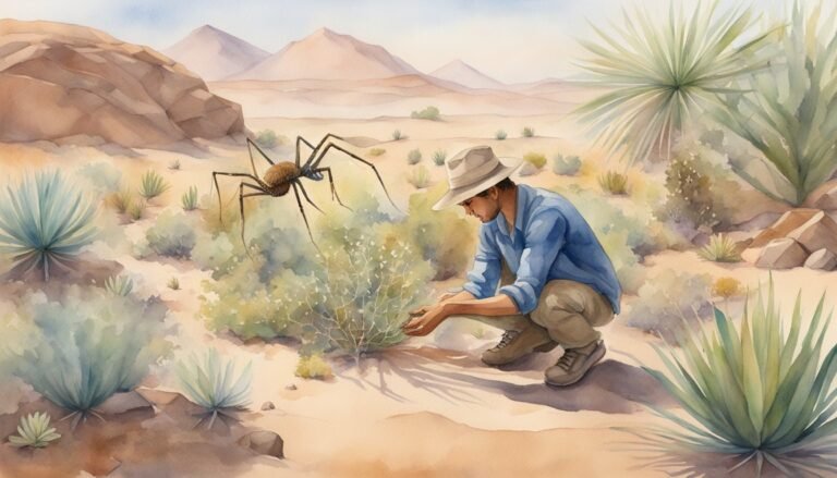 Man observing spider in desert landscape.