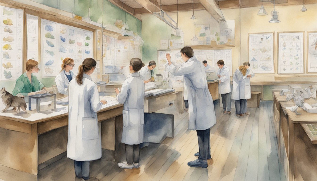 Vet students in lab coats examine animals in a classroom filled with charts and diagrams